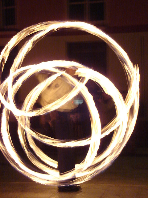 in flames