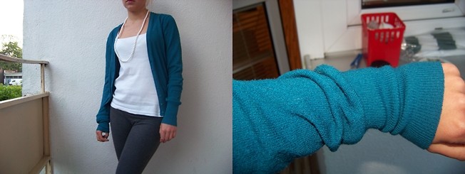 turkusowy cardigan.