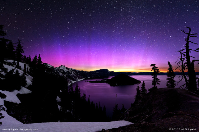 Pink Aurora Over Crater Lake  