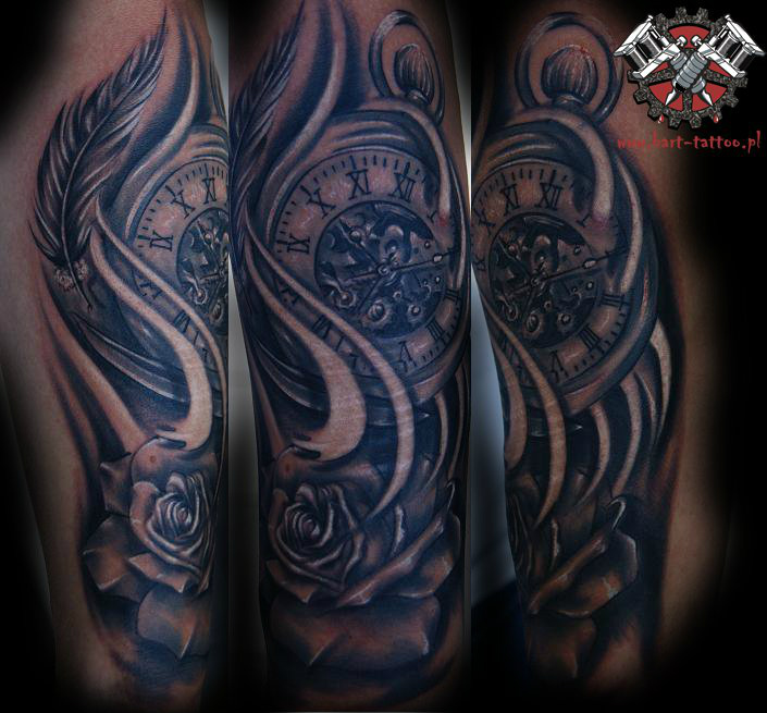 clock rose feather tattoo bart