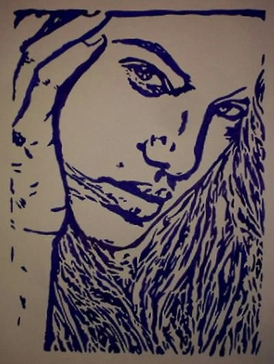 Portret kobiety - niebieski tusz