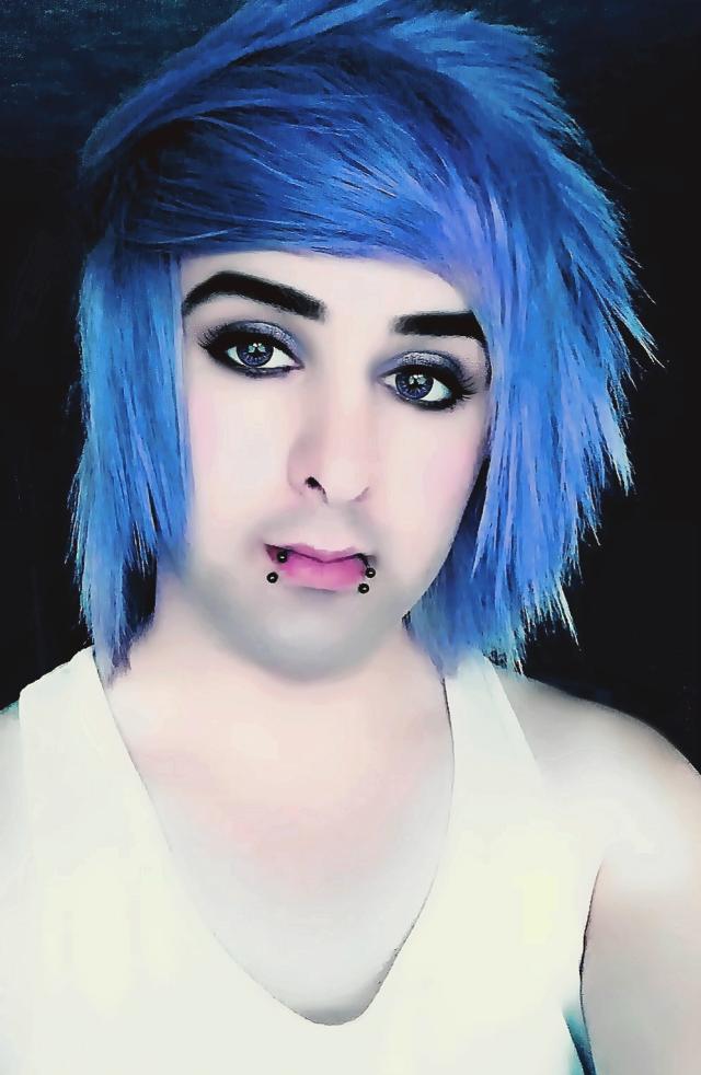 my blue hair and glitter makeup 